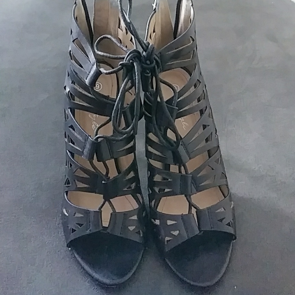 Black lace up open toe booties